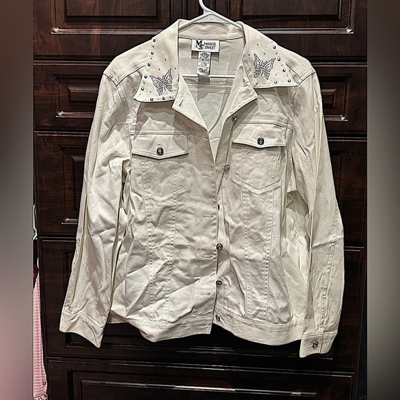 Maggie sweet White Denim Jacket with Butterfly Detail LARGE - Picture 1 of 4